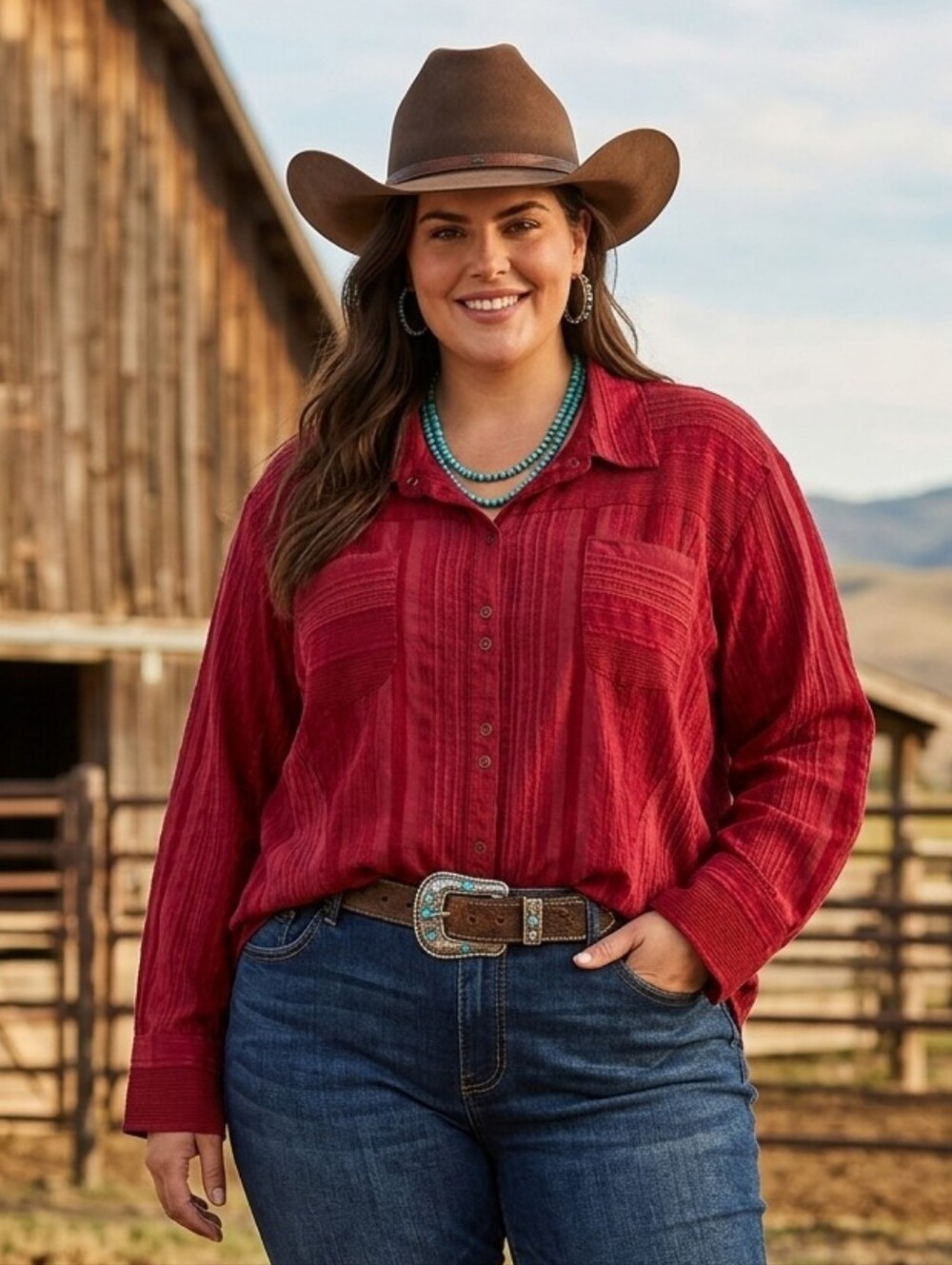Y2 Blu long sleeves red textured Button Up blouse Boho Western plus size XXL